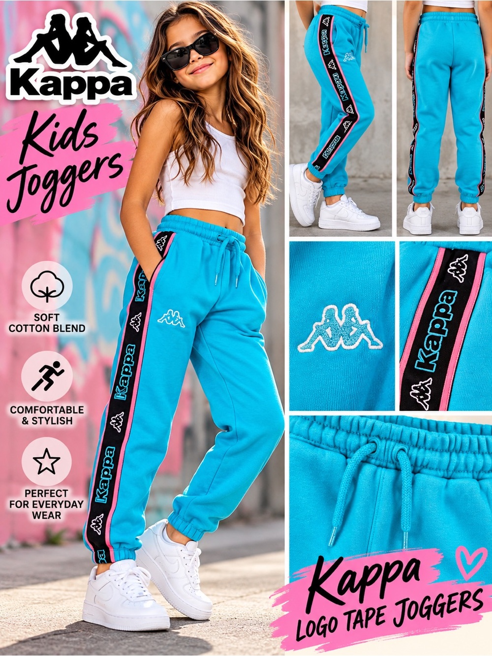 Kappa Kids Logo Tape Jogger Sweatpants Turquoise Blue Pink Black Size 12Y / YXL